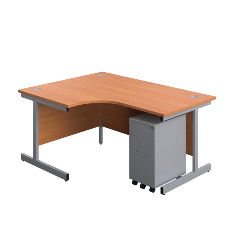 Single Upright Left Hand Radial Desk + Slimline Steel Pedestal 3 Drawers | 1600 X 1200 | Beech/Silver