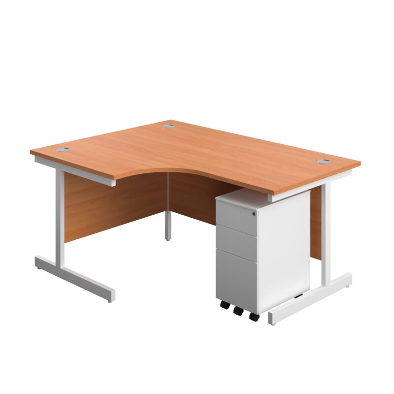 Single Upright Left Hand Radial Desk + Slimline Steel Pedestal 3 Drawers | 1600 X 1200 | Beech/White