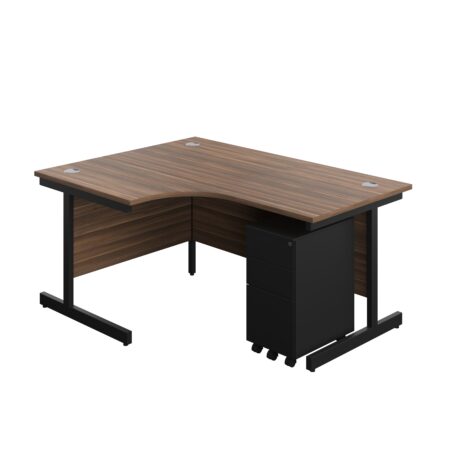 Single Upright Left Hand Radial Desk + Slimline Steel Pedestal 3 Drawers | 1600 X 1200 | Dark Walnut/Black