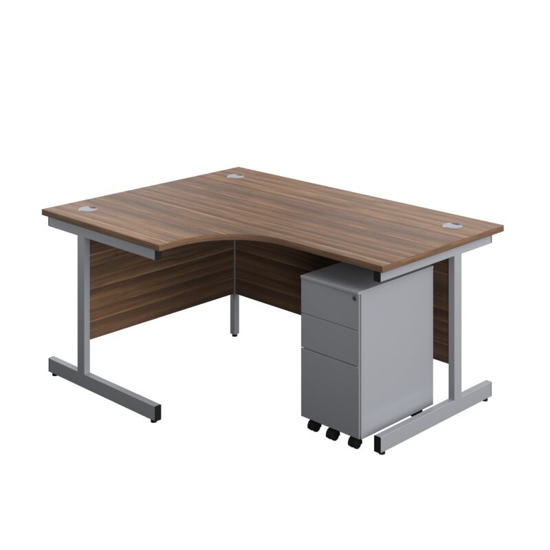 Single Upright Left Hand Radial Desk + Slimline Steel Pedestal 3 Drawers | 1600 X 1200 | Dark Walnut/Silver