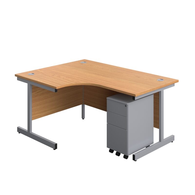 Single Upright Left Hand Radial Desk + Slimline Steel Pedestal 3 Drawers | 1600 X 1200 | Nova Oak/Silver