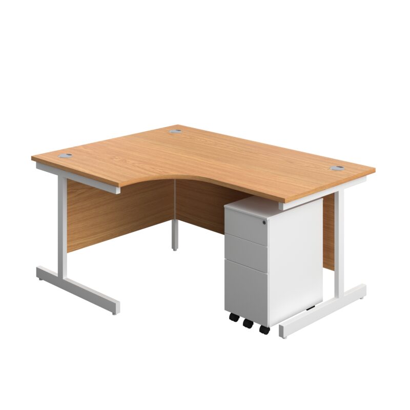 Single Upright Left Hand Radial Desk + Slimline Steel Pedestal 3 Drawers | 1600 X 1200 | Nova Oak/White