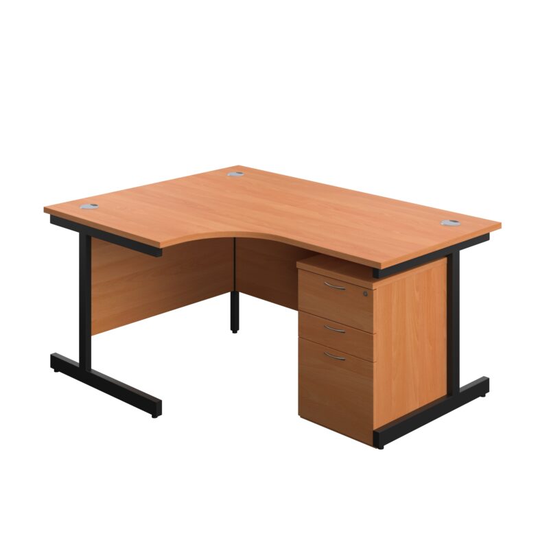 Single Upright Left Hand Radial Desk + High Mobile Pedestal 3 Drawer | 1600 X 1200 | Beech/Black