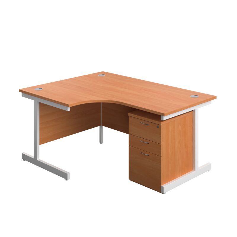 Single Upright Left Hand Radial Desk + High Mobile Pedestal 3 Drawer | 1600 X 1200 | Beech/White