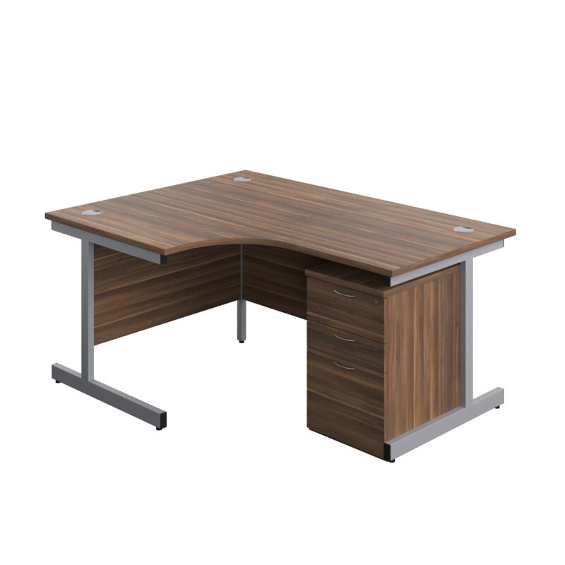 Single Upright Left Hand Radial Desk + High Mobile Pedestal 3 Drawer | 1600 X 1200 | Dark Walnut/Silver