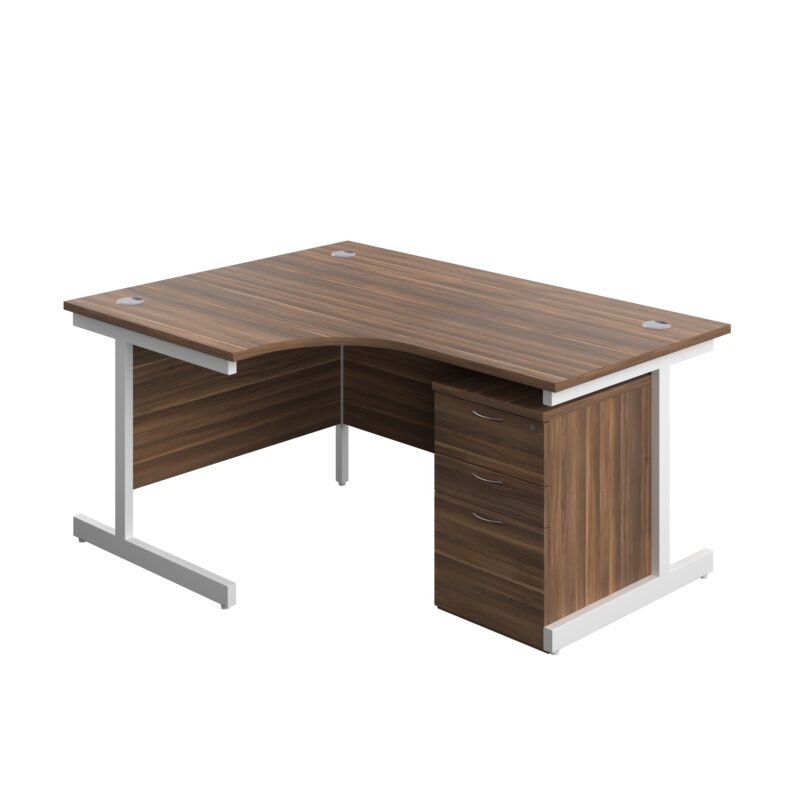 Single Upright Left Hand Radial Desk + High Mobile Pedestal 3 Drawer | 1600 X 1200 | Dark Walnut/White