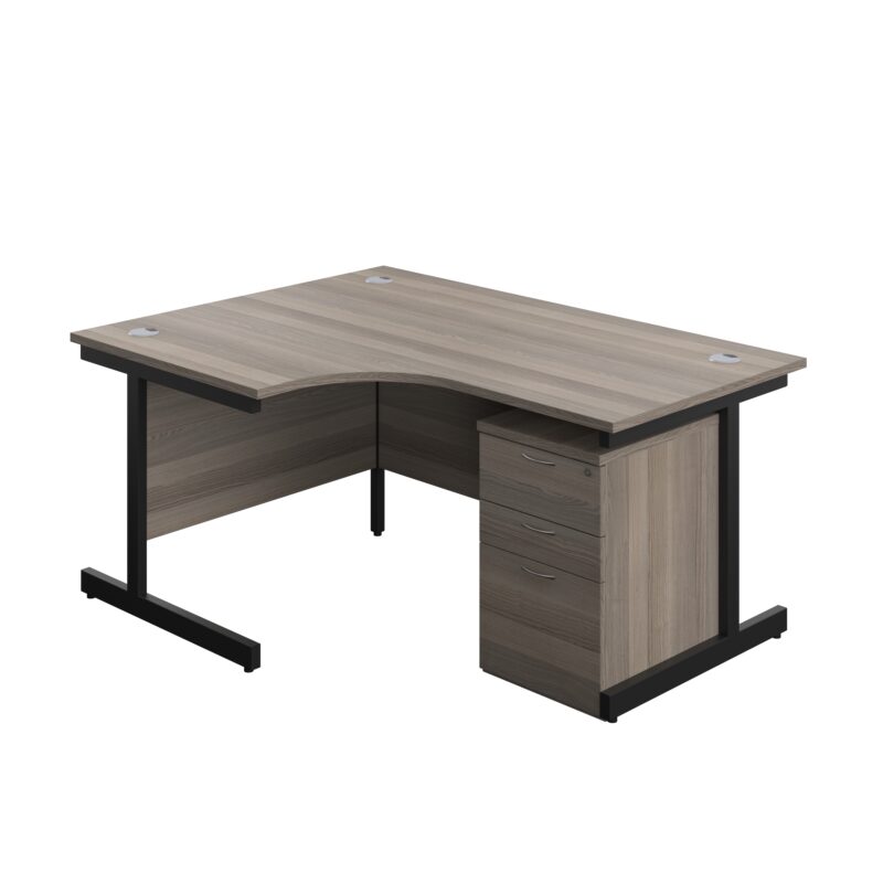 Single Upright Left Hand Radial Desk + High Mobile Pedestal 3 Drawer | 1600 X 1200 | Grey Oak/Black