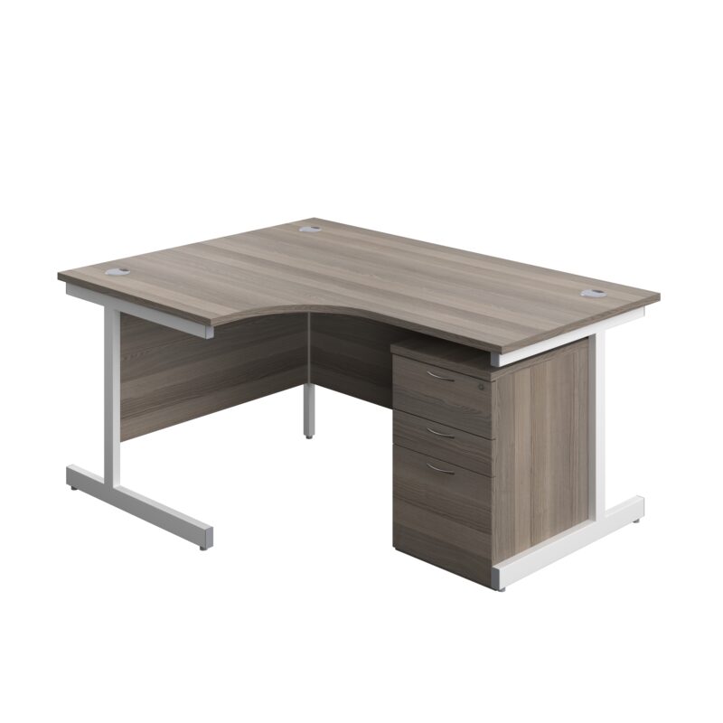 Single Upright Left Hand Radial Desk + High Mobile Pedestal 3 Drawer | 1600 X 1200 | Grey Oak/White