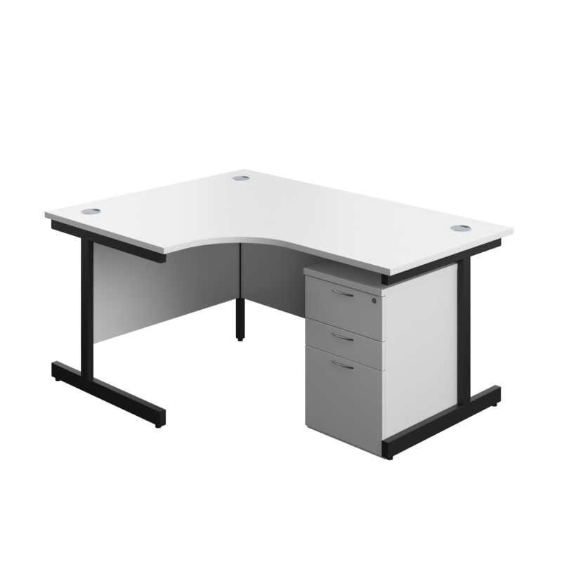 Single Upright Left Hand Radial Desk + High Mobile Pedestal 3 Drawer | 1600 X 1200 | White/Black