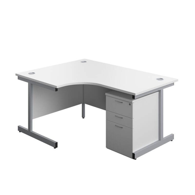 Single Upright Left Hand Radial Desk + High Mobile Pedestal 3 Drawer | 1600 X 1200 | White/Silver