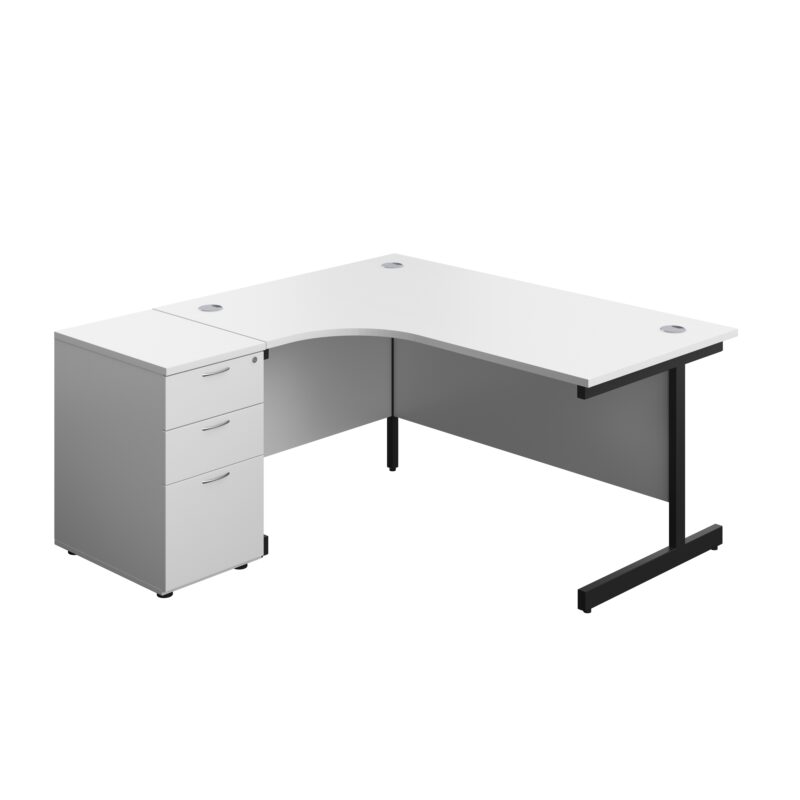 Single Upright Left Hand Radial Desk + Desk High 3 Drawer Pedestal | 1600 X 1200 | 600mm Deep Pedestal | White/Black