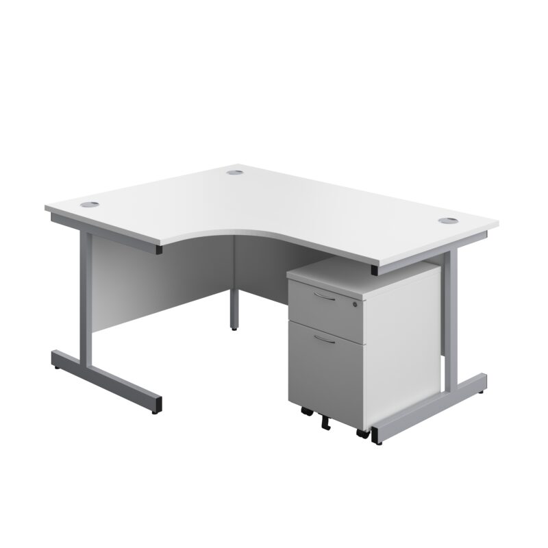 Single Upright Left Hand Radial Desk + Mobile 2 Drawer Pedestal | 1600 X 1200 | White/Silver