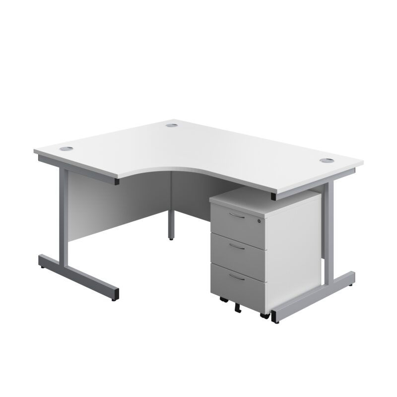 Single Upright Left Hand Radial Desk + Mobile 3 Drawer Pedestal | 1600 X 1200 | White/Silver