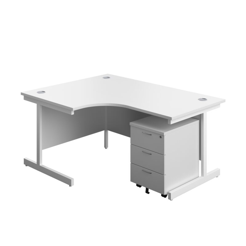 Single Upright Left Hand Radial Desk + Mobile 3 Drawer Pedestal | 1600 X 1200 | White/White