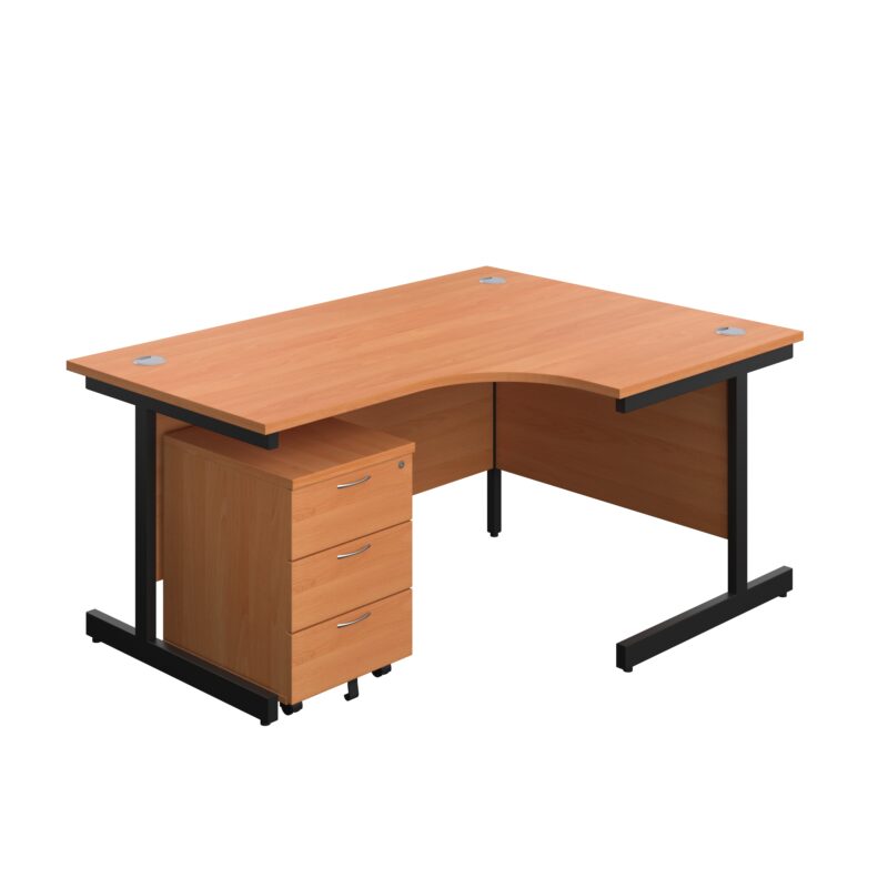 Single Upright Right Hand Radial Desk + Mobile 3 Drawer Pedestal | 1600 X 1200 | Beech/Black