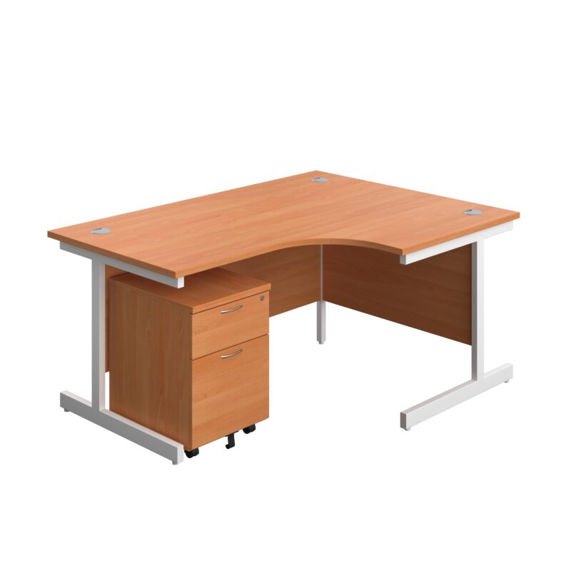 Single Upright Right Hand Radial Desk + Mobile 2 Drawer Pedestal | 1600 X 1200 | Beech/White