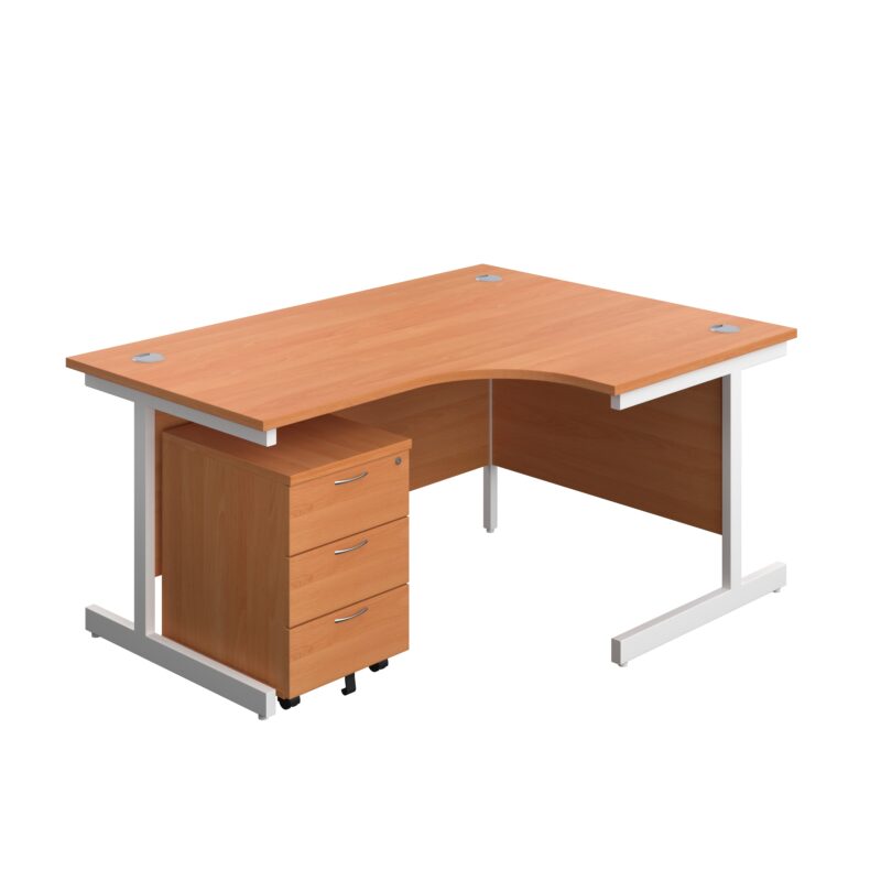 Single Upright Right Hand Radial Desk + Mobile 3 Drawer Pedestal | 1600 X 1200 | Beech/White