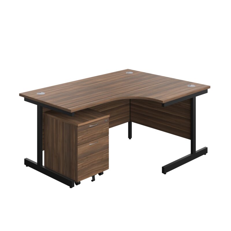 Single Upright Right Hand Radial Desk + Mobile 2 Drawer Pedestal | 1600 X 1200 | Dark Walnut/Black