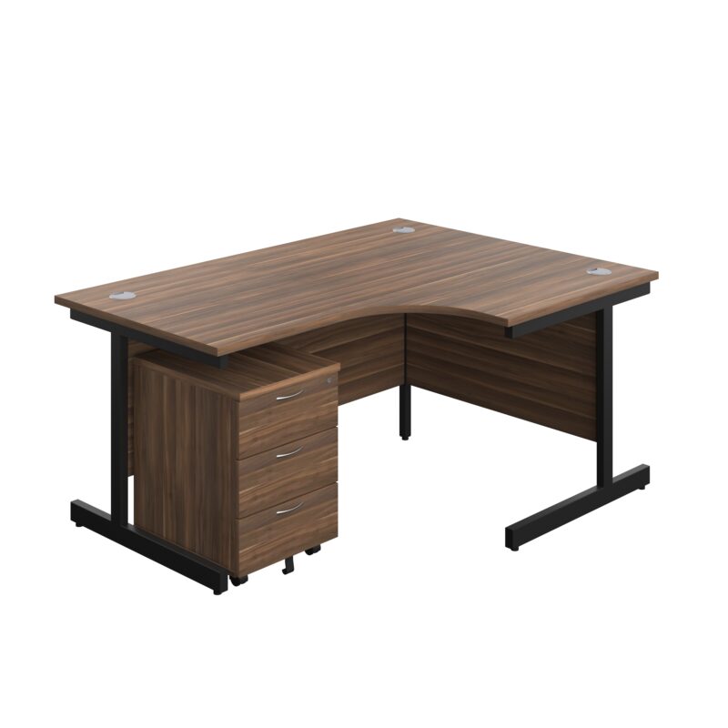 Single Upright Right Hand Radial Desk + Mobile 3 Drawer Pedestal | 1600 X 1200 | Dark Walnut/Black