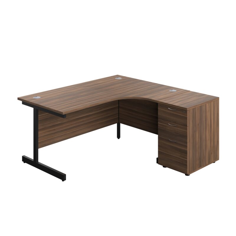 Single Upright Right Hand Radial Desk + Desk High 3 Drawer Pedestal | 1600 X 1200 | 600mm Deep Pedestal | Dark Walnut/Black