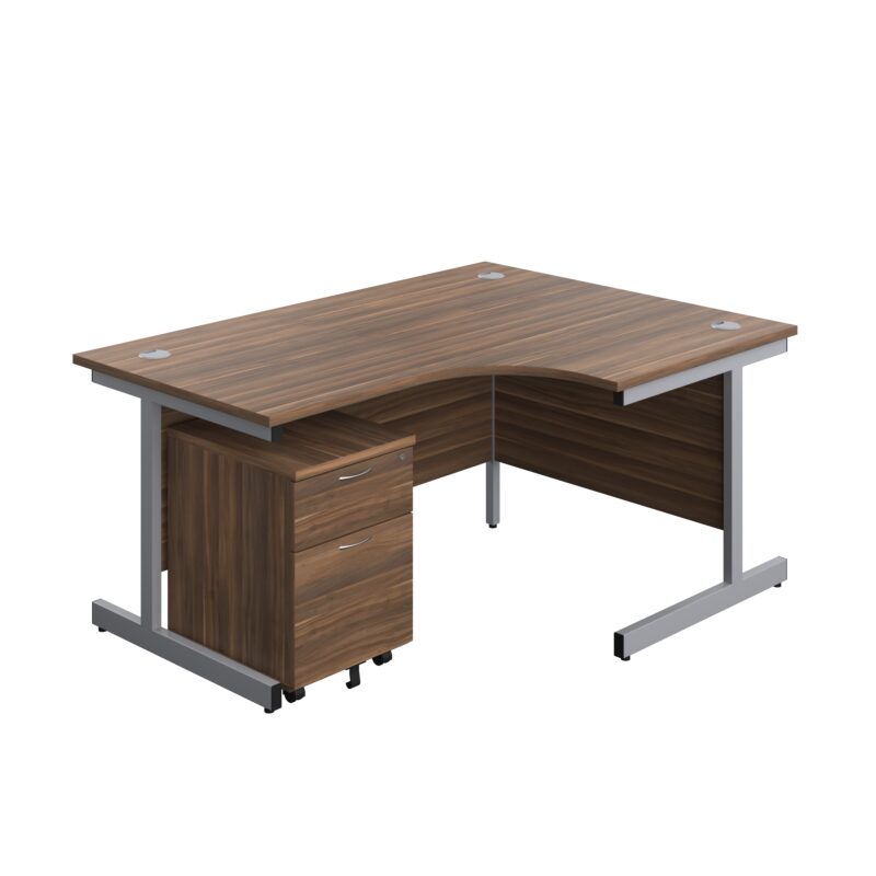 Single Upright Right Hand Radial Desk + Mobile 2 Drawer Pedestal | 1600 X 1200 | Dark Walnut/Silver