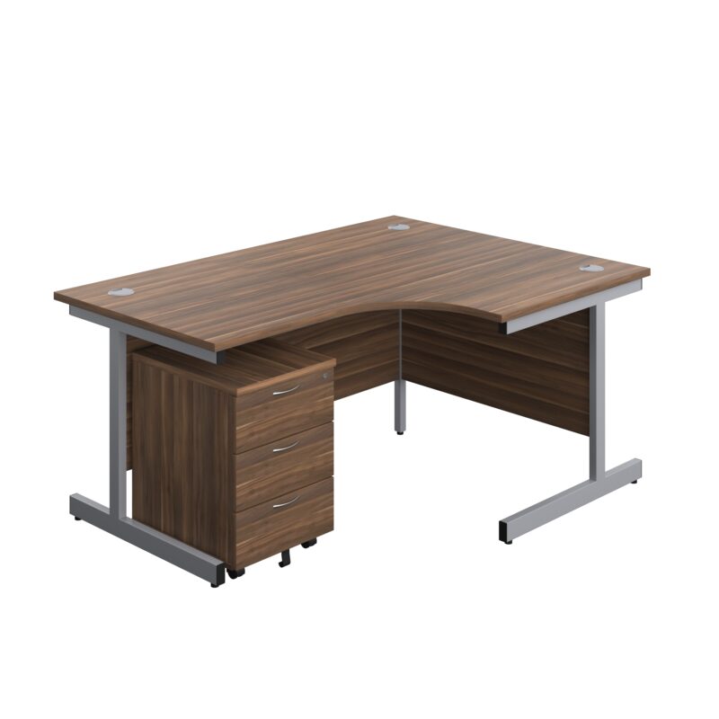 Single Upright Right Hand Radial Desk + Mobile 3 Drawer Pedestal | 1600 X 1200 | Dark Walnut/Silver