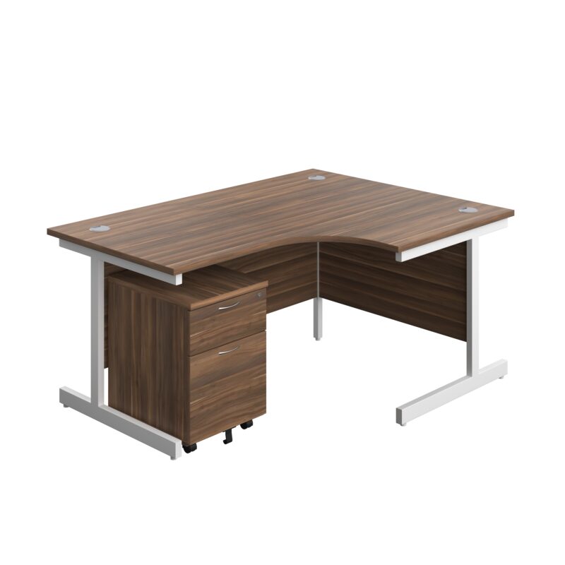 Single Upright Right Hand Radial Desk + Mobile 2 Drawer Pedestal | 1600 X 1200 | Dark Walnut/White