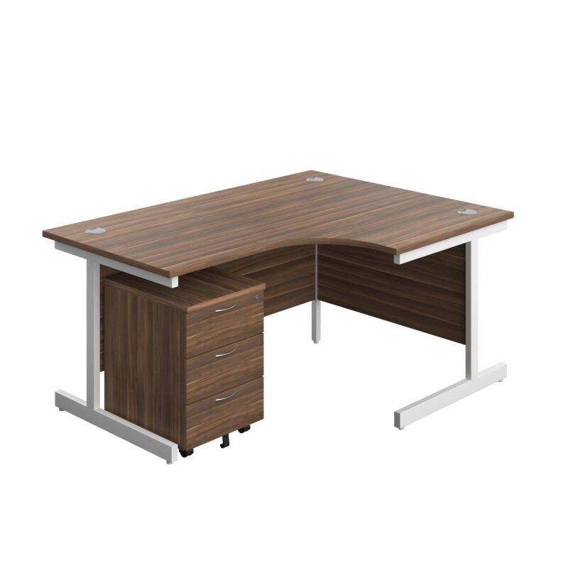 Single Upright Right Hand Radial Desk + Mobile 3 Drawer Pedestal | 1600 X 1200 | Dark Walnut/White