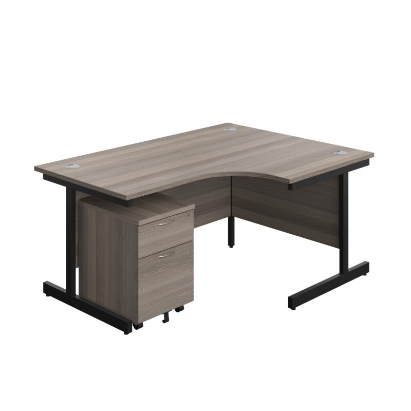 Single Upright Right Hand Radial Desk + Mobile 2 Drawer Pedestal | 1600 X 1200 | Grey Oak/Black