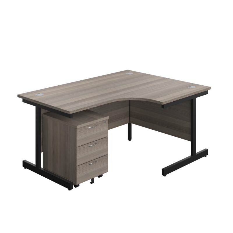 Single Upright Right Hand Radial Desk + Mobile 3 Drawer Pedestal | 1600 X 1200 | Grey Oak/Black