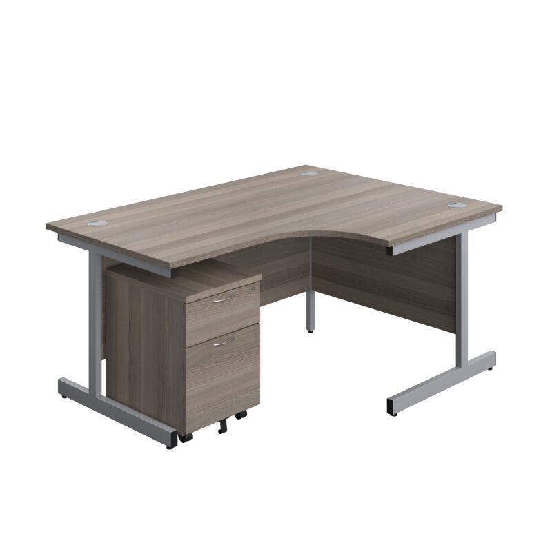 Single Upright Right Hand Radial Desk + Mobile 2 Drawer Pedestal | 1600 X 1200 | Grey Oak/Silver