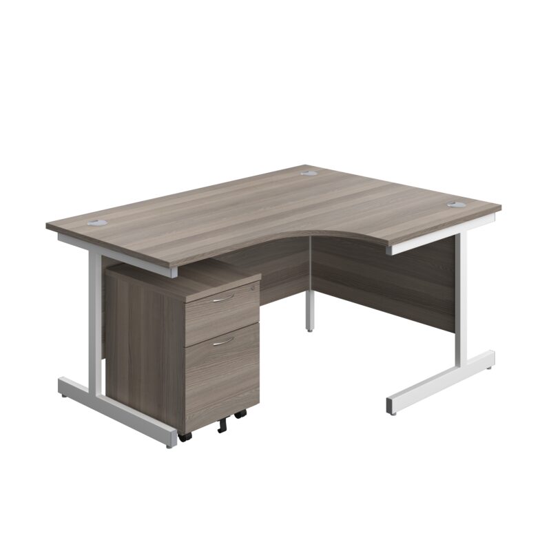 Single Upright Right Hand Radial Desk + Mobile 2 Drawer Pedestal | 1600 X 1200 | Grey Oak/White