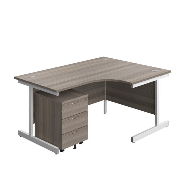 Single Upright Right Hand Radial Desk + Mobile 3 Drawer Pedestal | 1600 X 1200 | Grey Oak/White