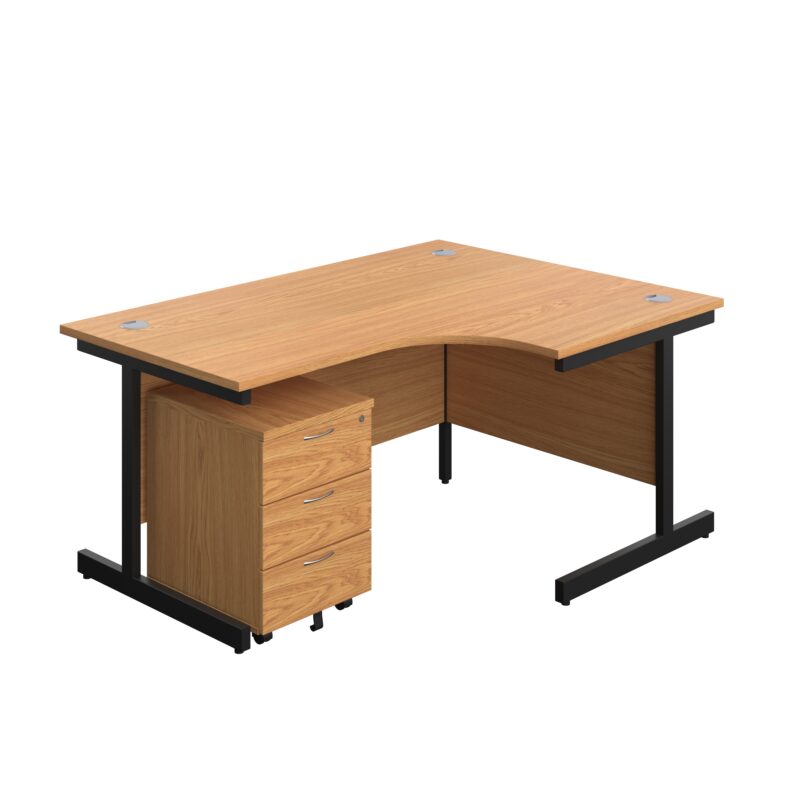 Single Upright Right Hand Radial Desk + Mobile 3 Drawer Pedestal | 1600 X 1200 | Nova Oak/Black