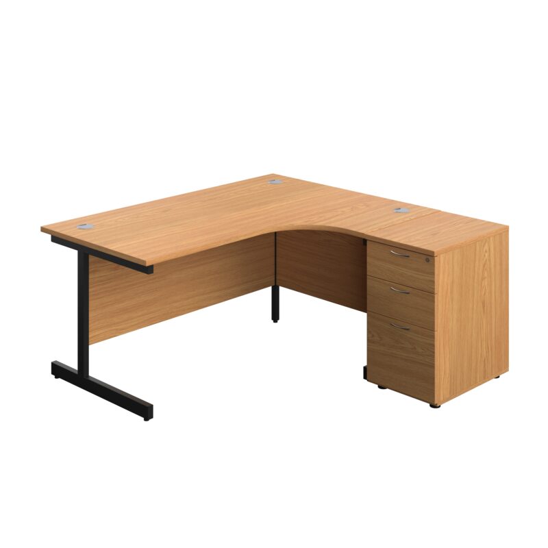 Single Upright Right Hand Radial Desk + Desk High 3 Drawer Pedestal | 1600 X 1200 | 600mm Deep Pedestal | Nova Oak/Black