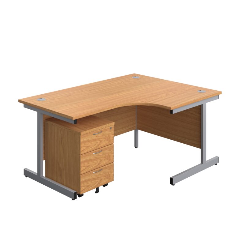 Single Upright Right Hand Radial Desk + Mobile 3 Drawer Pedestal | 1600 X 1200 | Nova Oak/Silver