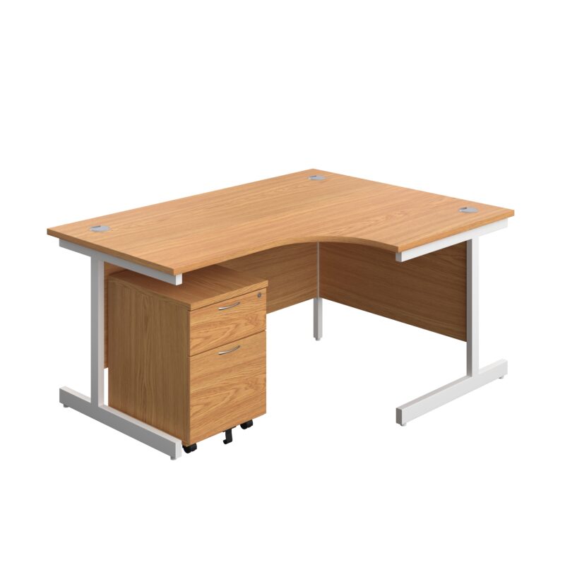 Single Upright Right Hand Radial Desk + Mobile 2 Drawer Pedestal | 1600 X 1200 | Nova Oak/White