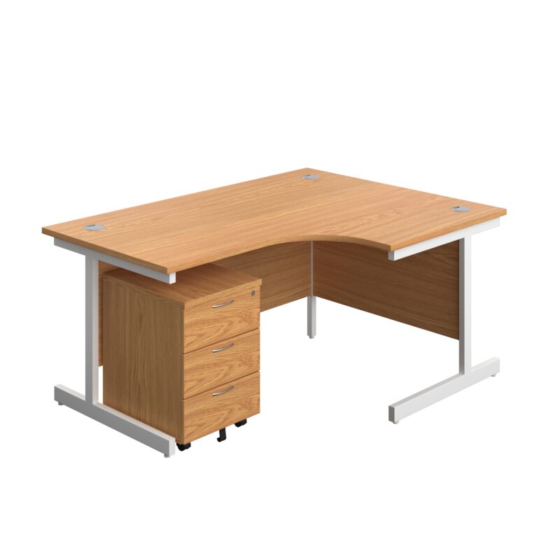 Single Upright Right Hand Radial Desk + Mobile 3 Drawer Pedestal | 1600 X 1200 | Nova Oak/White