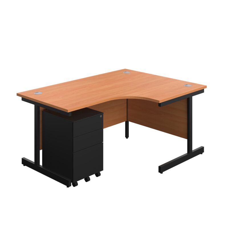 Single Upright Right Hand Radial Desk + Under Desk Steel Pedestal 3 Drawers | 1600 X 1200 | Beech/Black