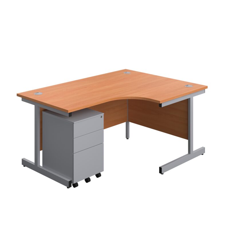 Single Upright Right Hand Radial Desk + Under Desk Steel Pedestal 3 Drawers | 1600 X 1200 | Beech/Silver