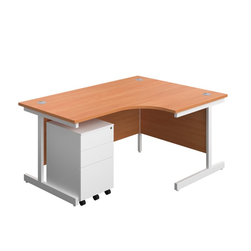 Single Upright Right Hand Radial Desk + Under Desk Steel Pedestal 3 Drawers | 1600 X 1200 | Beech/White