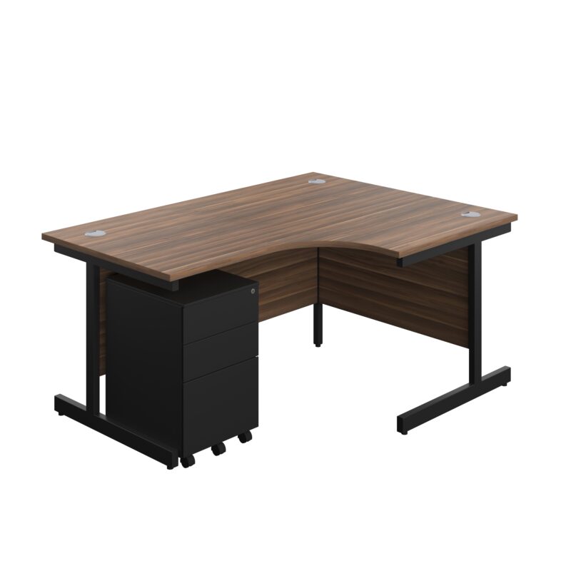 Single Upright Right Hand Radial Desk + Under Desk Steel Pedestal 3 Drawers | 1600 X 1200 | Dark Walnut/Black