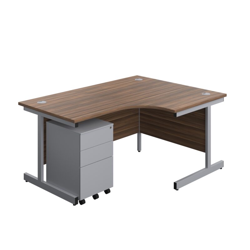 Single Upright Right Hand Radial Desk + Under Desk Steel Pedestal 3 Drawers | 1600 X 1200 | Dark Walnut/Silver