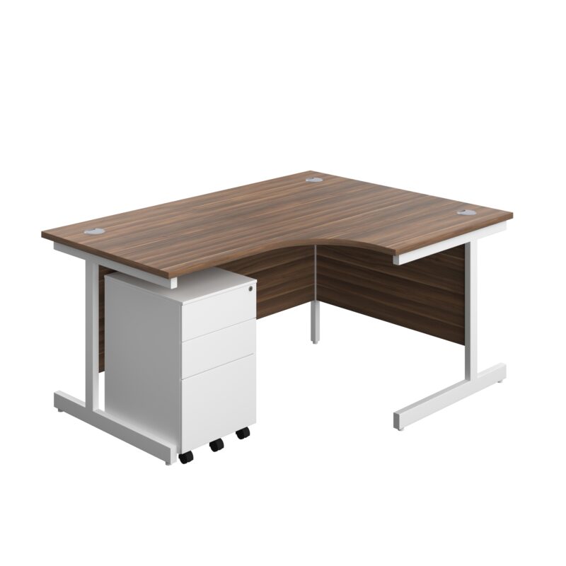 Single Upright Right Hand Radial Desk + Under Desk Steel Pedestal 3 Drawers | 1600 X 1200 | Dark Walnut/White