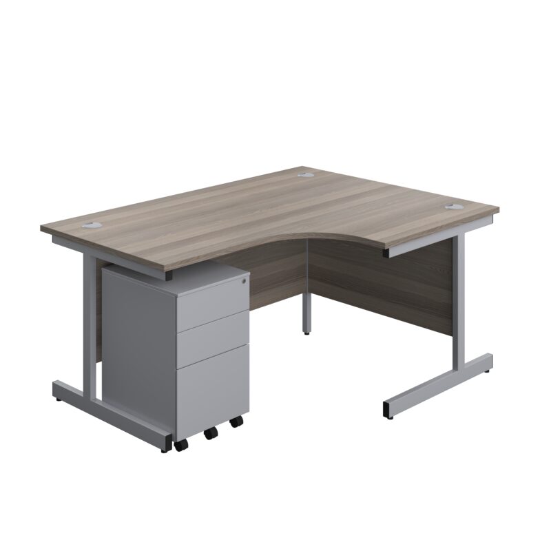 Single Upright Right Hand Radial Desk + Under Desk Steel Pedestal 3 Drawers | 1600 X 1200 | Grey Oak/Silver