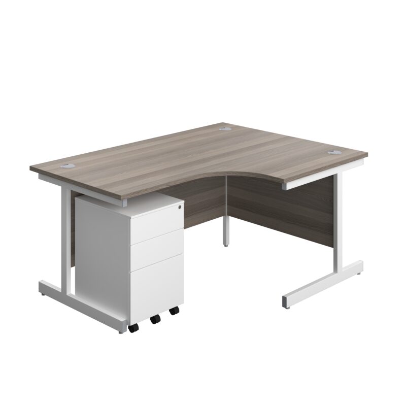 Single Upright Right Hand Radial Desk + Under Desk Steel Pedestal 3 Drawers | 1600 X 1200 | Grey Oak/White