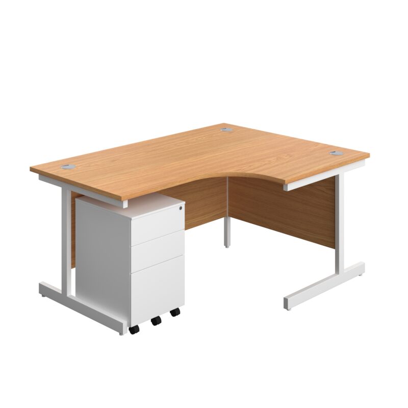 Single Upright Right Hand Radial Desk + Under Desk Steel Pedestal 3 Drawers | 1600 X 1200 | Nova Oak/White