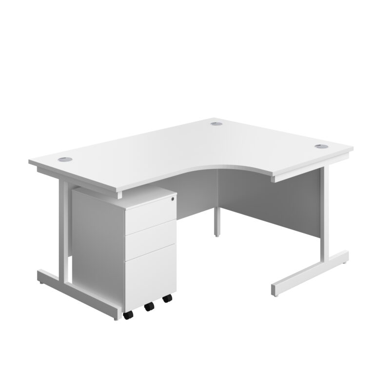 Single Upright Right Hand Radial Desk + Under Desk Steel Pedestal 3 Drawers | 1600 X 1200 | White/White