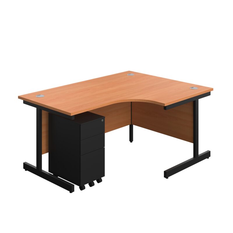 Single Upright Right Hand Radial Desk + Slimline Steel Pedestal 3 Drawers | 1600 X 1200 | Beech/Black