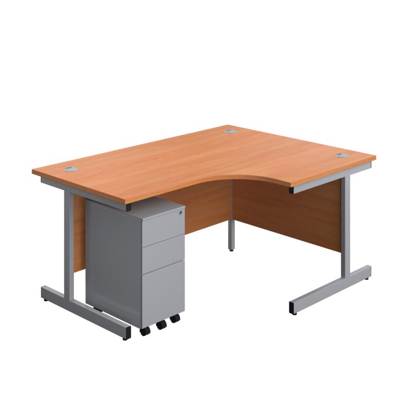 Single Upright Right Hand Radial Desk + Slimline Steel Pedestal 3 Drawers | 1600 X 1200 | Beech/Silver